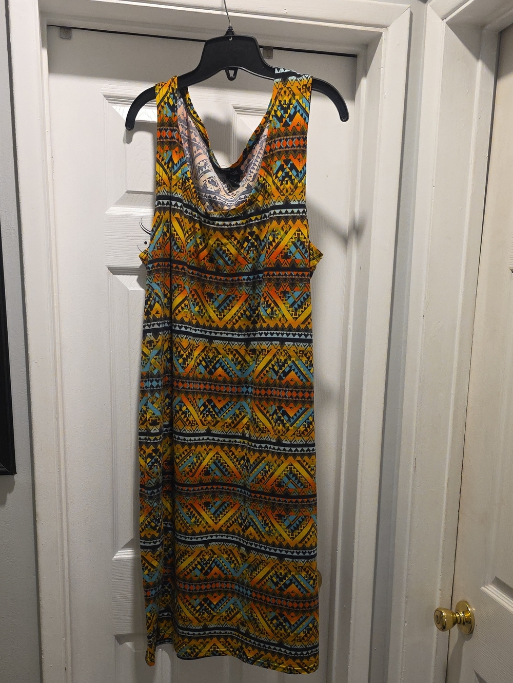 Sleeveless Geometric Midi Dress in Yellow & Blue